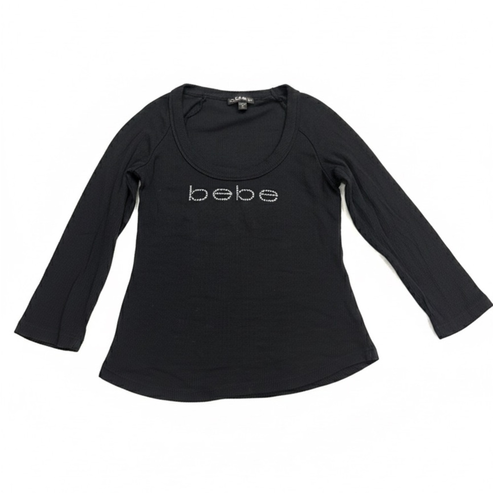VTG Y2K Bebe Black Ribbed Scoop Neck Long Sleeve Top - Rhinestone Logo